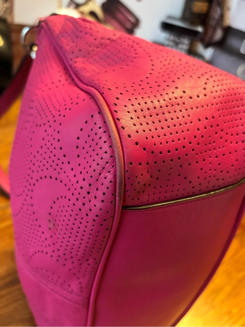 Coach F23241 Pink Perforated Leather Convertible Hobo Crossbody Bag